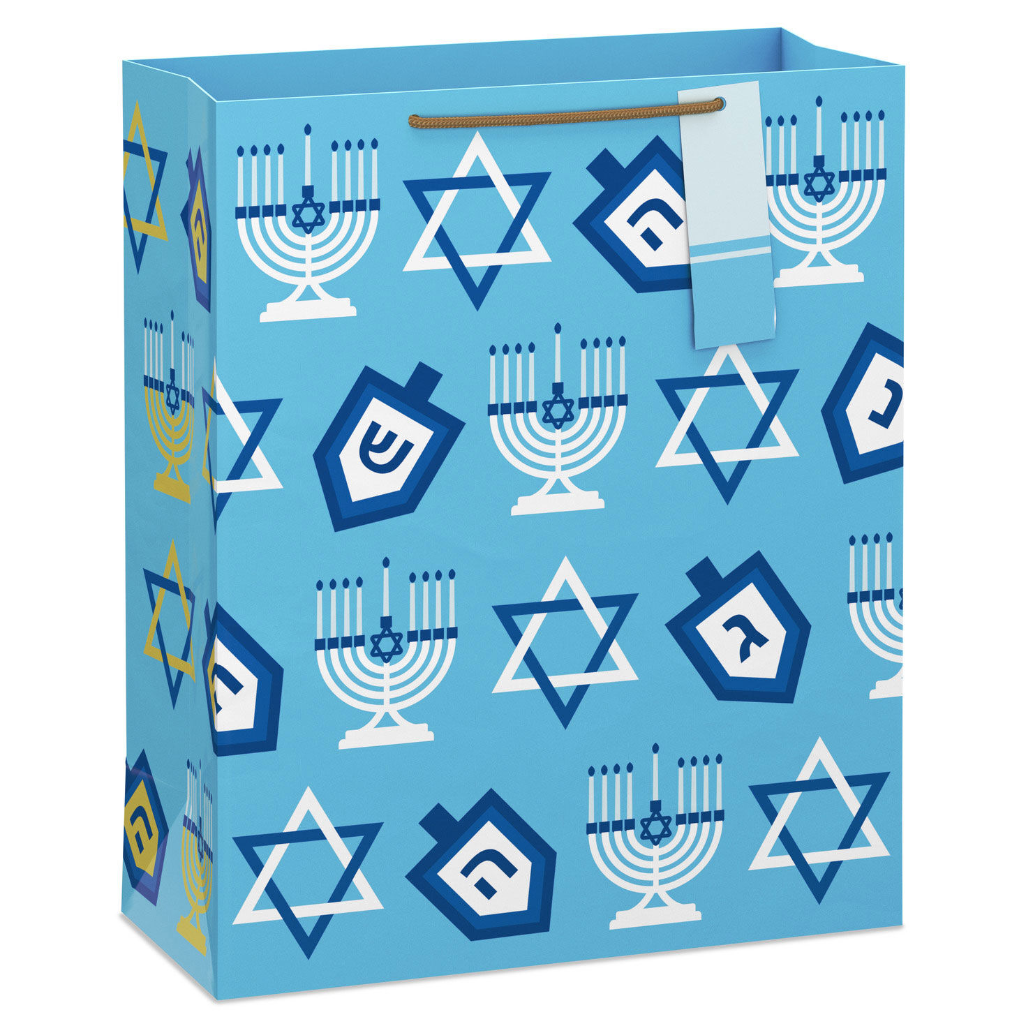 15.5" Dreidels and Menorahs on Light Blue Extra-Large Hanukkah Gift Bag With Gift Tag