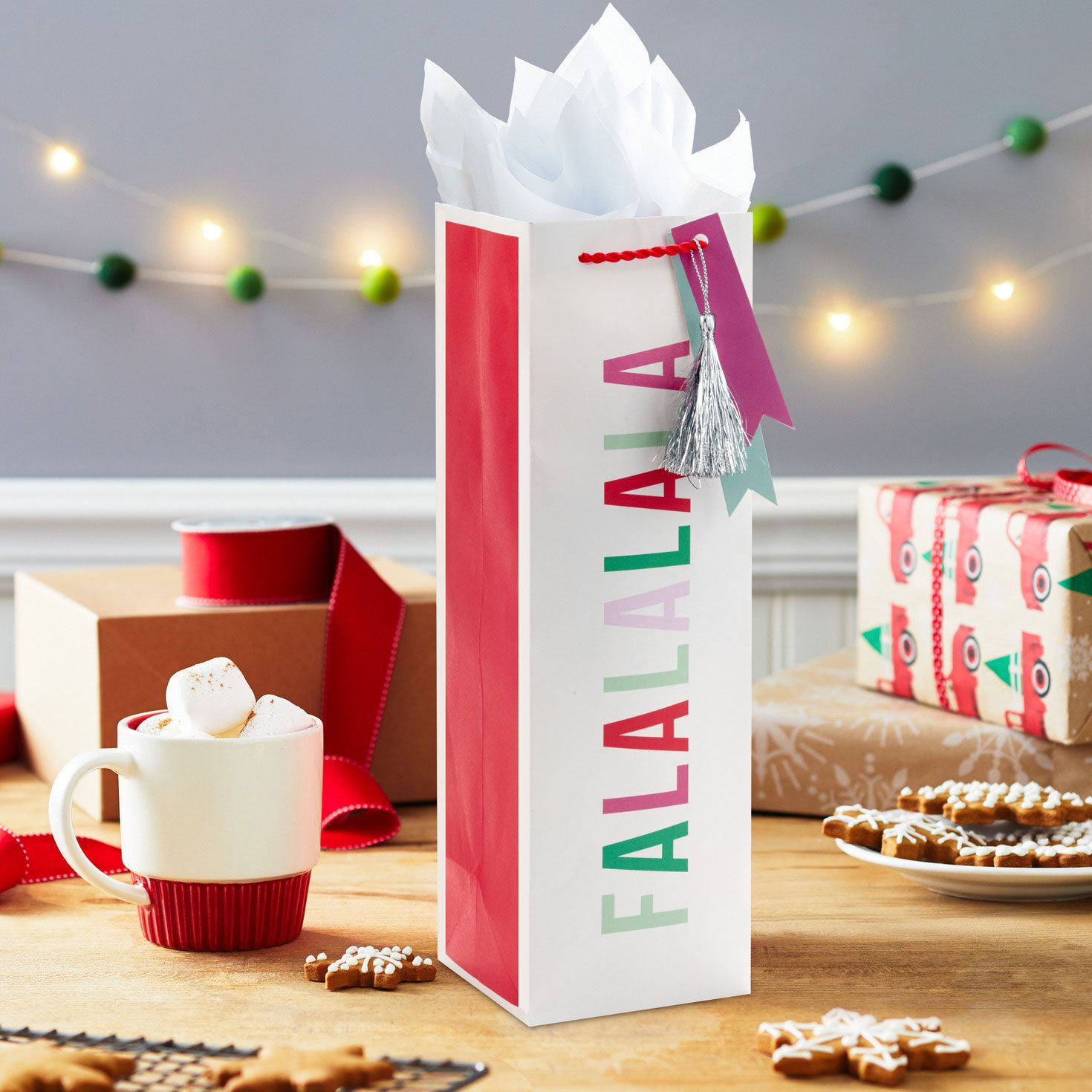 Colorful Caroling Christmas Wine Gift Bag In Use image number 2