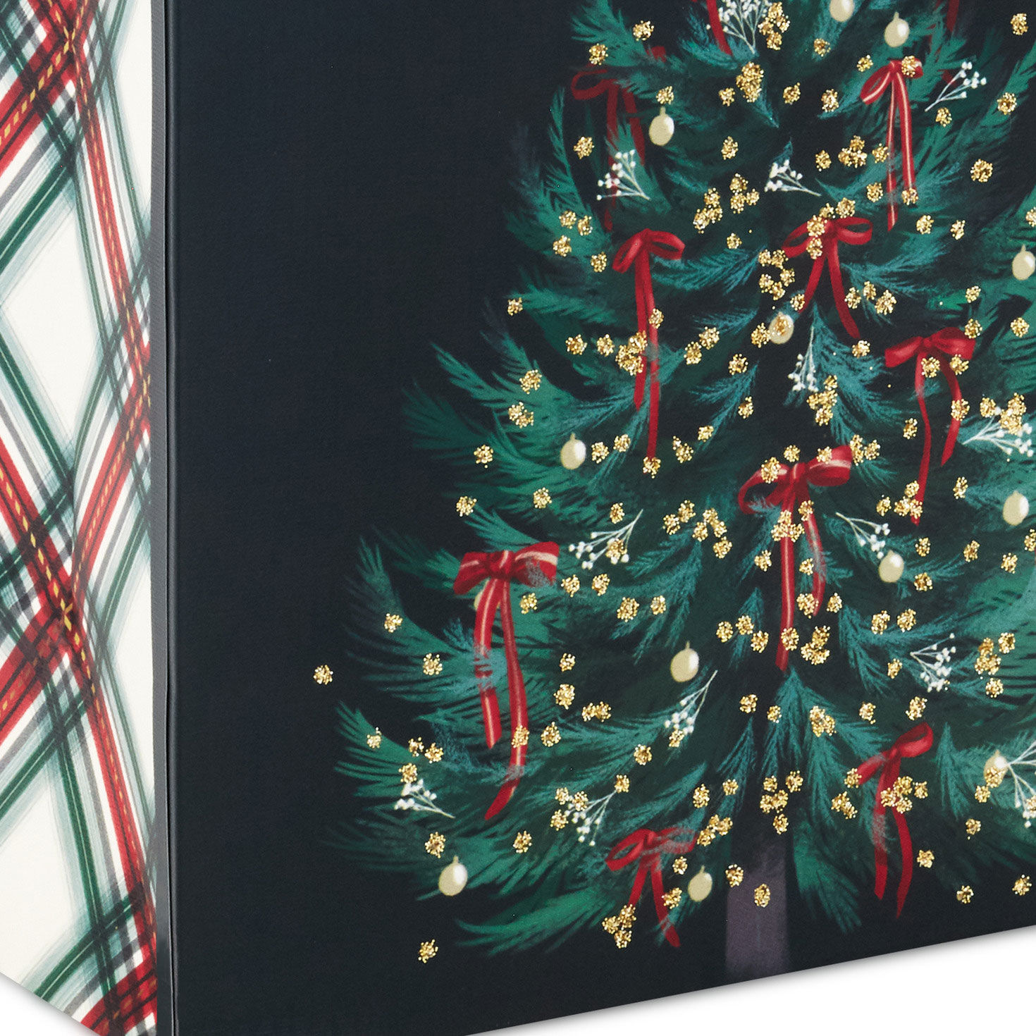 Illustrated Christmas Tree on Black Small Gift Bag Base/Side Detail image number 5
