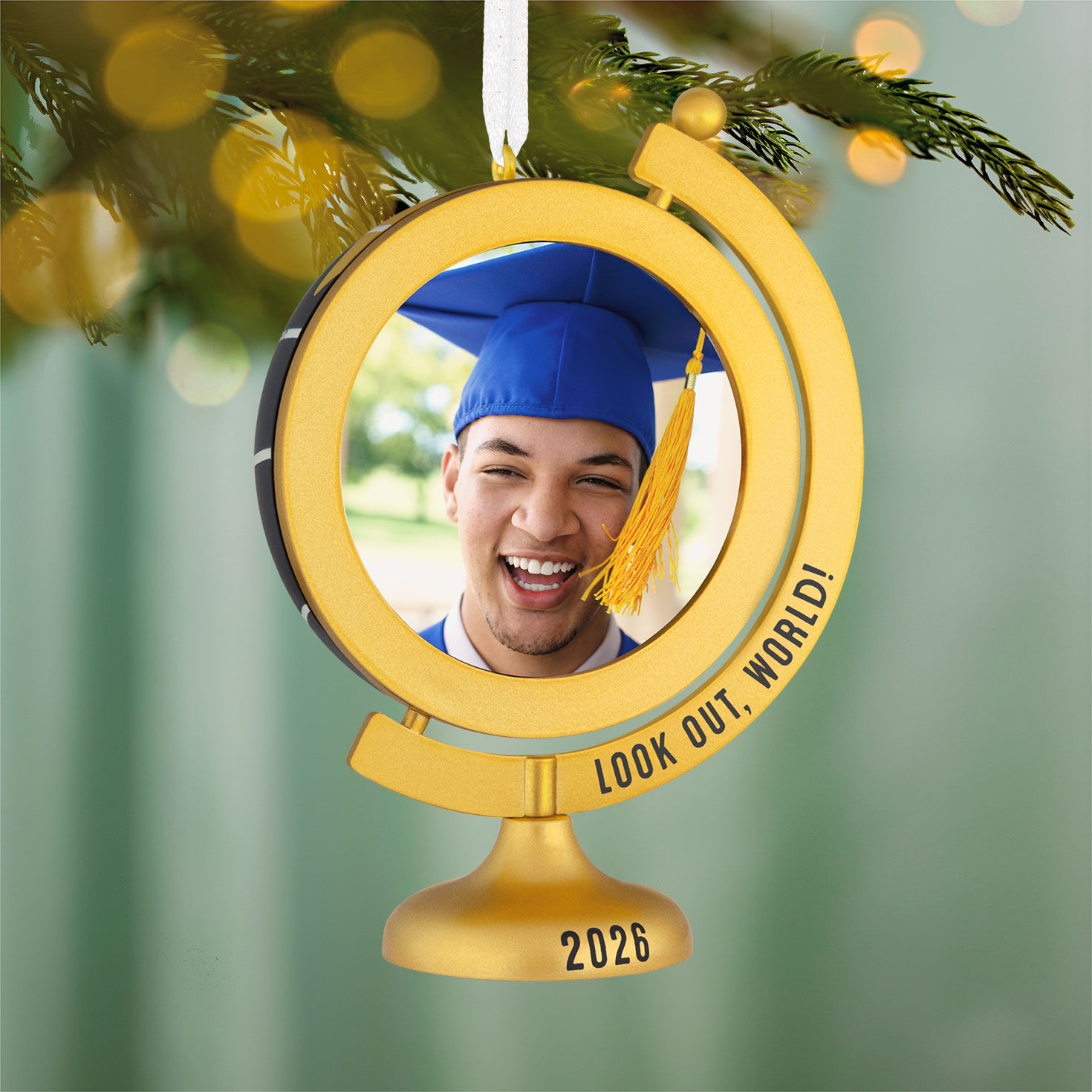 Graduate on Globe Personalized Photo Ornament hanging on tree image number 2