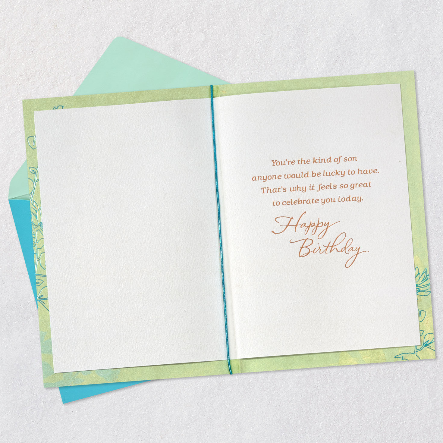 Leaves on Green Birthday Card for Son Open card with envelope image number 3