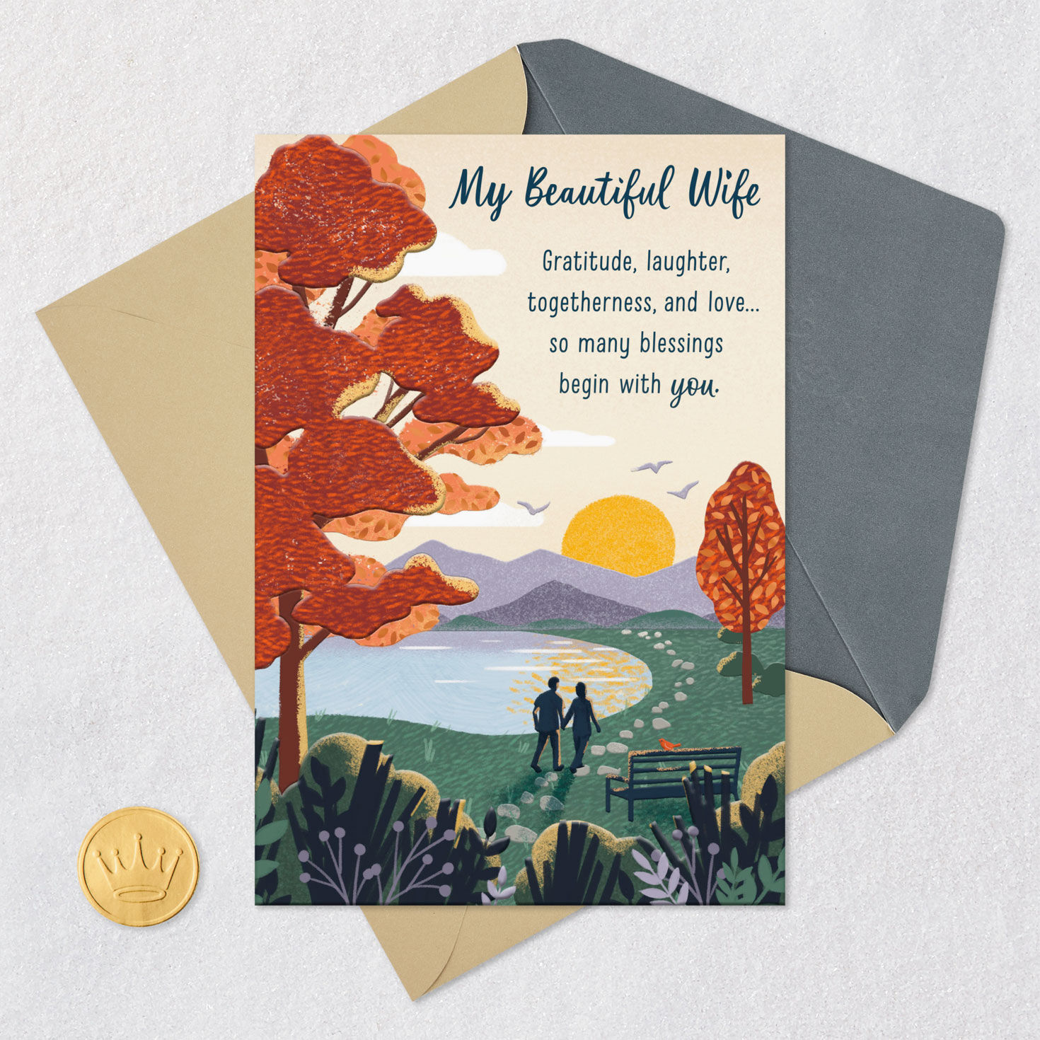 Autumn Lake Scene Religious Thanksgiving Card for Wife Card Front with Envelope and Gold Seal image number 6