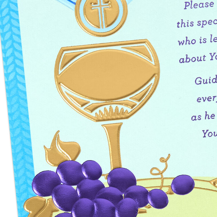 Gold Chalice and Grapes on Blue First Communion Card Card Front Detail image number 5