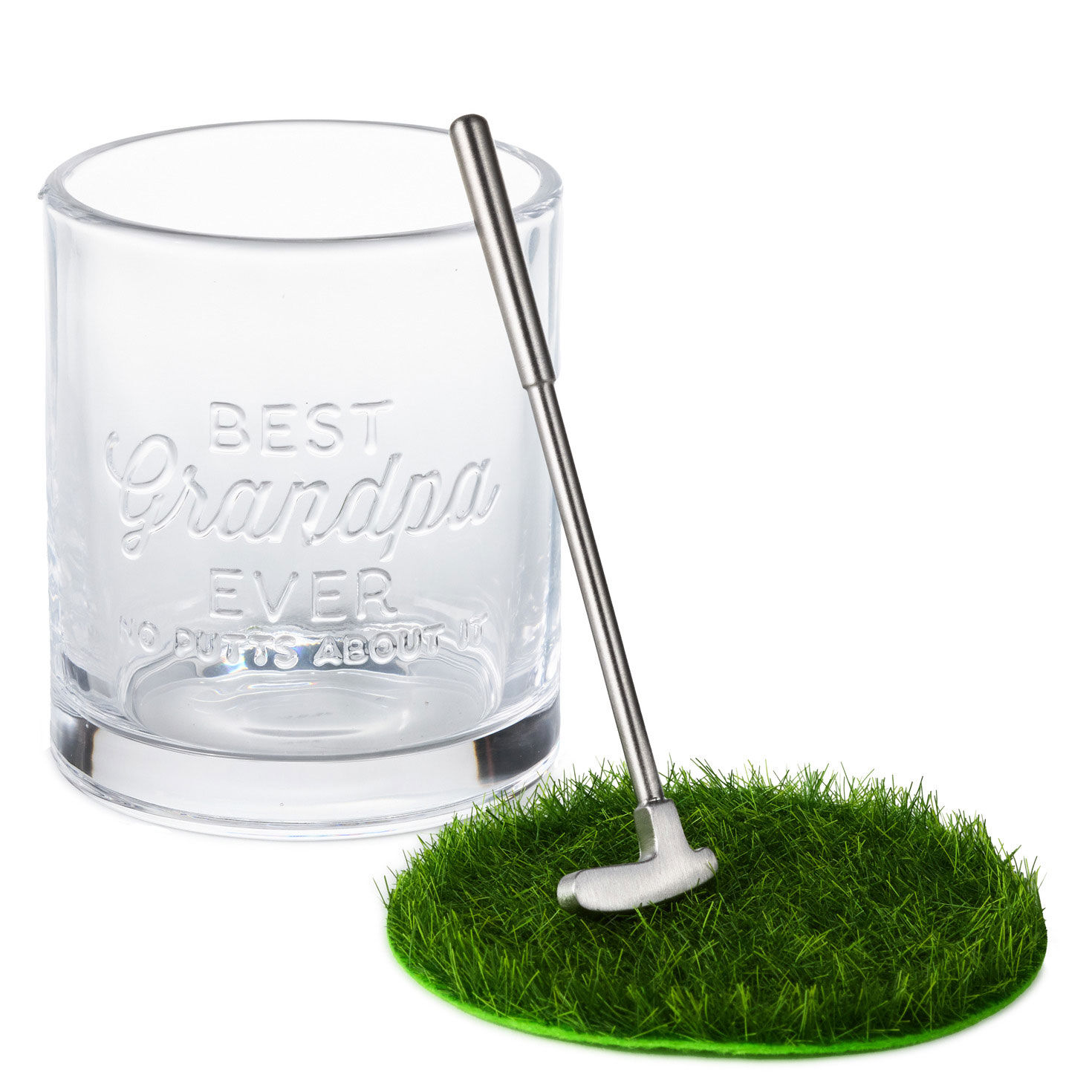 Golfer Grandpa Lowball Glass, Stirrer and Coaster items separated image number 2