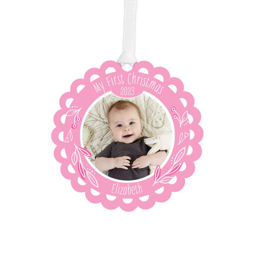 Baby's First Christmas Scalloped Personalized Text and Photo Metal Ornament, 