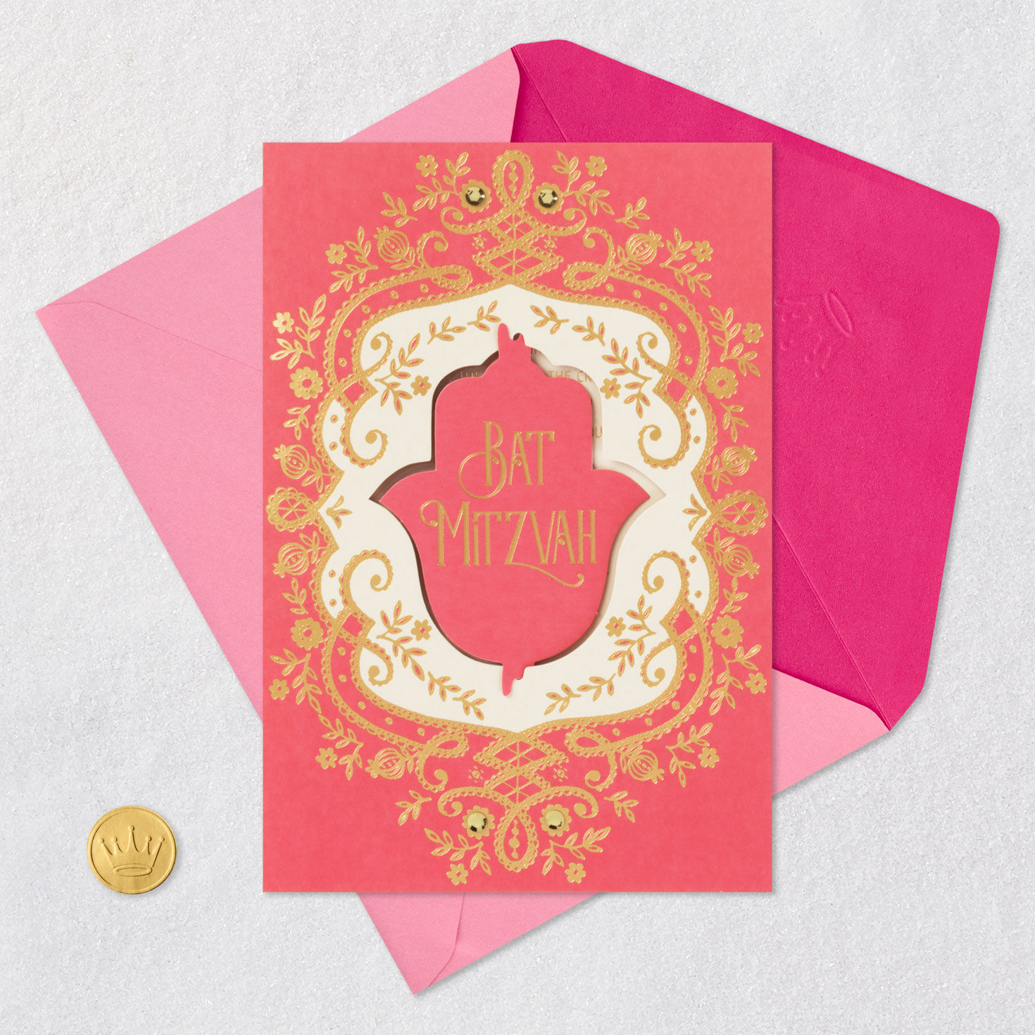 Pink and Gold Hamsa Bat Mitzvah Card for Girls Card Front with Envelope and Gold Seal image number 5