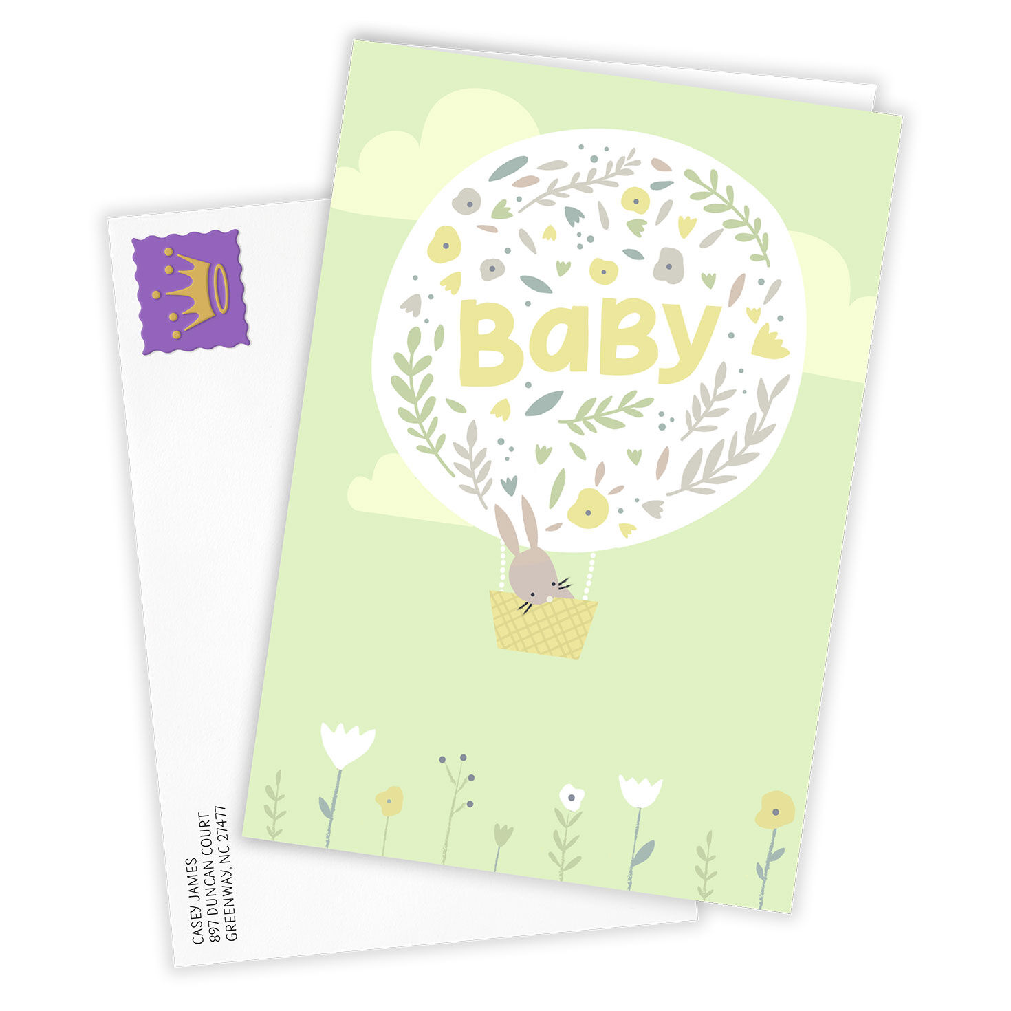 Bunny in Basket Balloon Personalized Baby Card Card Front with Envelope image number 2