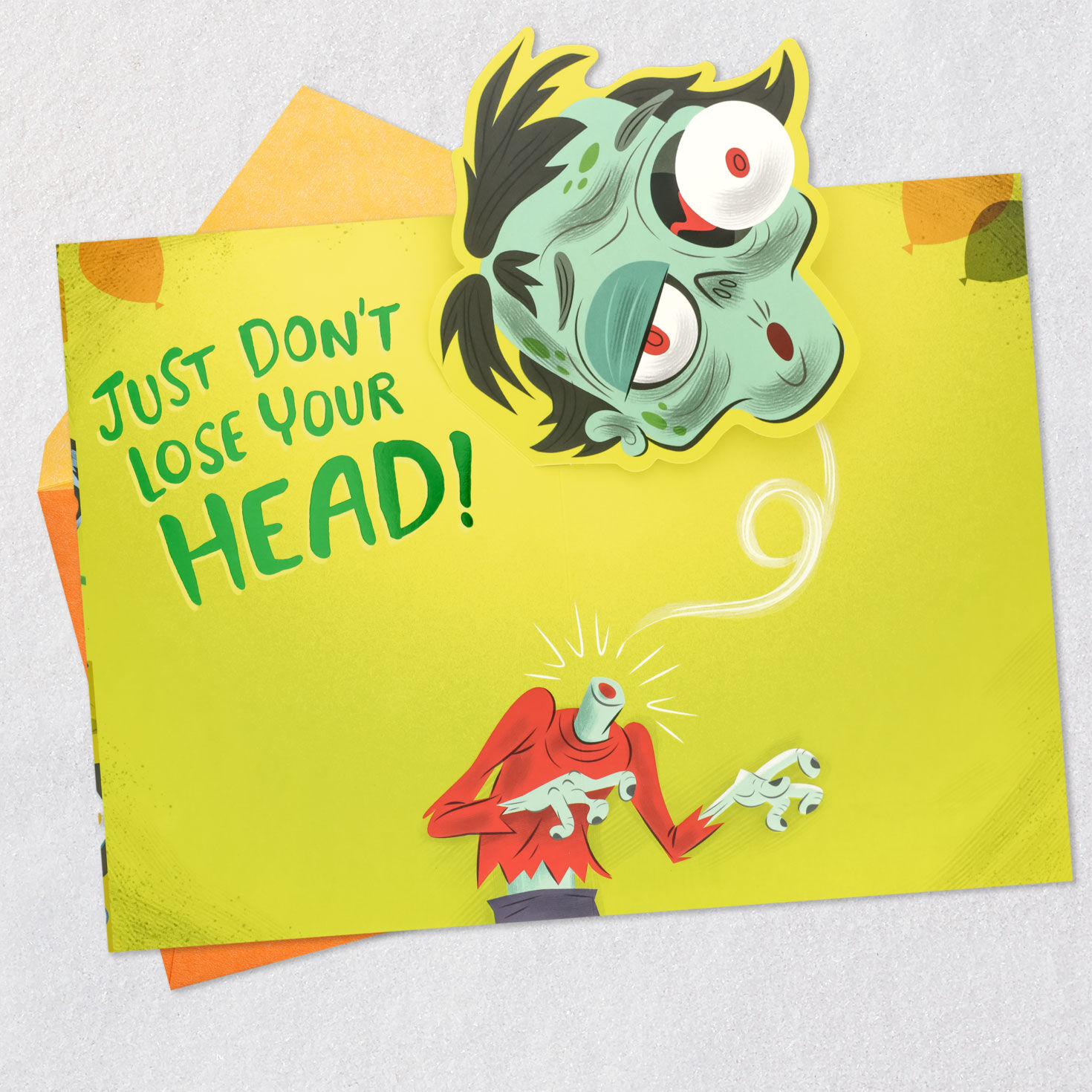 Funny Zombie on Yellow Pop-Up Halloween Card Open card with envelope image number 2