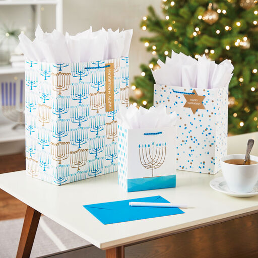 9.6" Confetti Dots on White Medium Hanukkah Gift Bag, 
