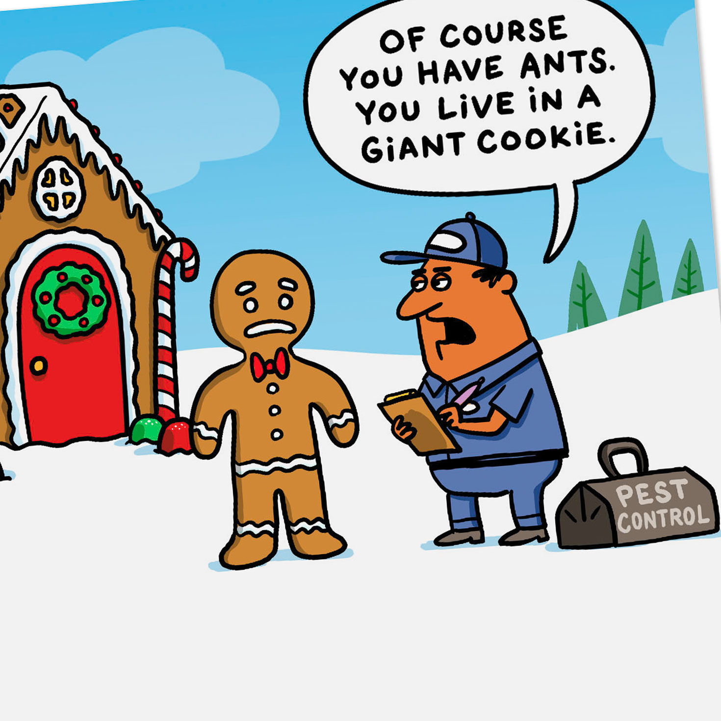 Gingerbread House with Ants Cartoon Christmas Card Card Front Detail image number 4