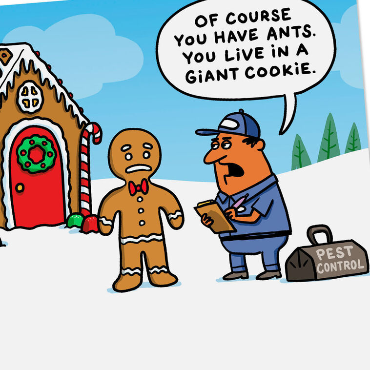 Gingerbread House with Ants Cartoon Christmas Card Card Front Detail image number 4