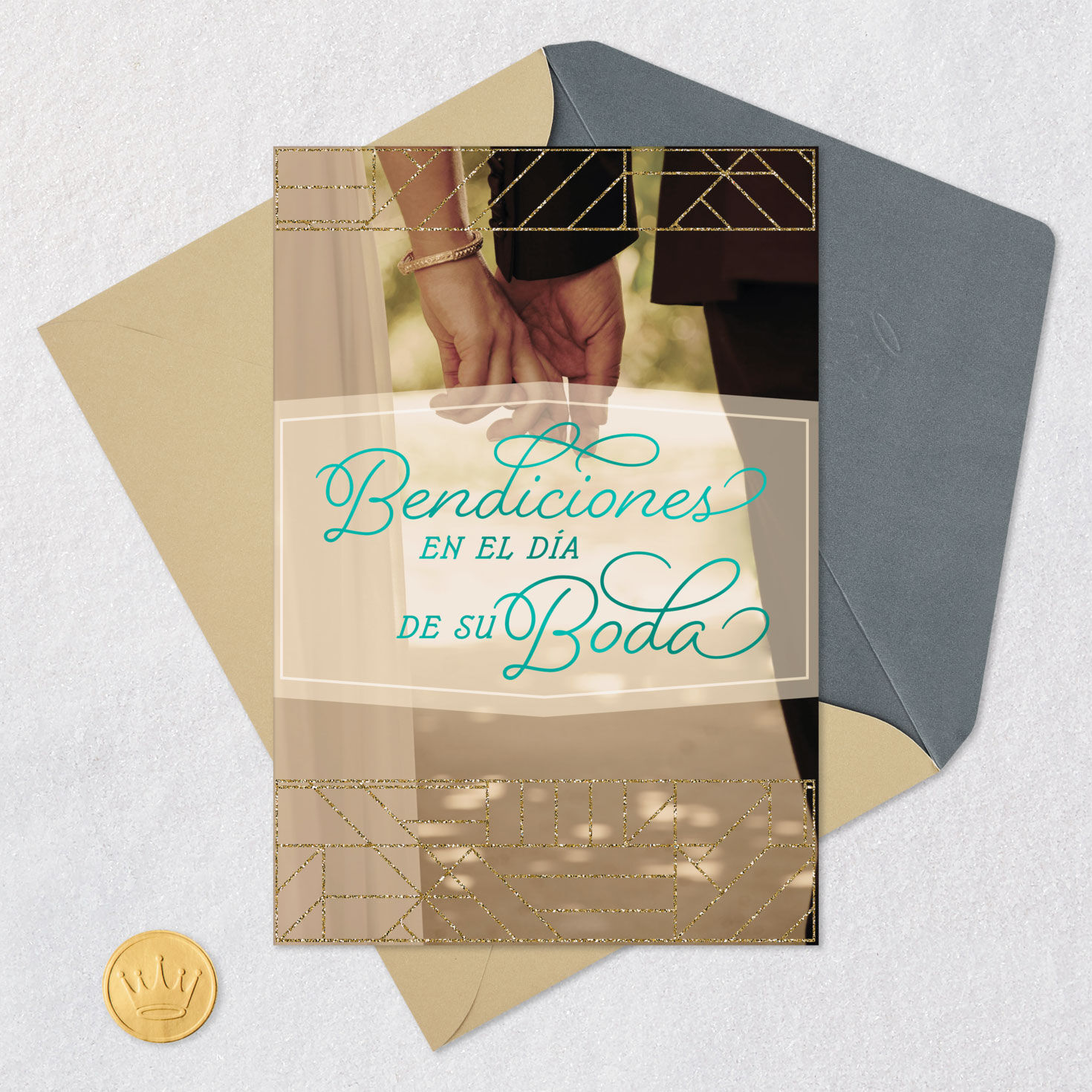 Couple Holding Hands Wedding Card in Spanish Card Front with Envelope and Gold Seal image number 5