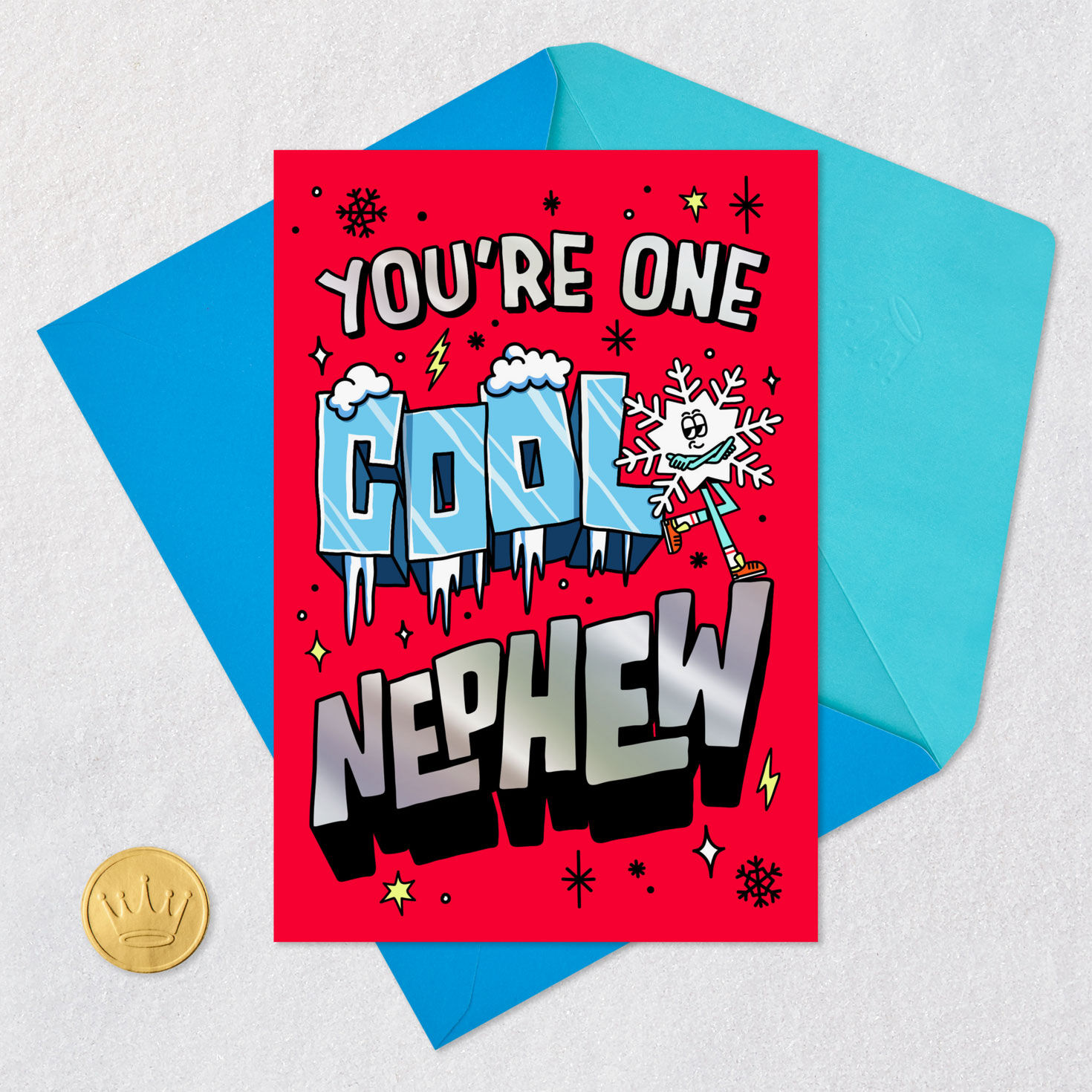 Icy Lettering and Snowflake on Red Card for Nephew Card Front with Envelope and Gold Seal image number 5