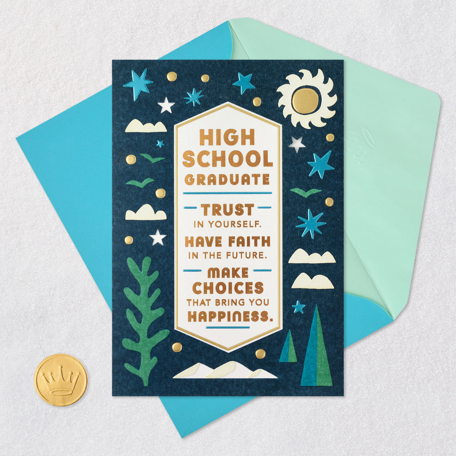 Blue, Green and Gold Abstract Nature High School Graduation Card Card Front with Envelope and Gold Seal image number 6
