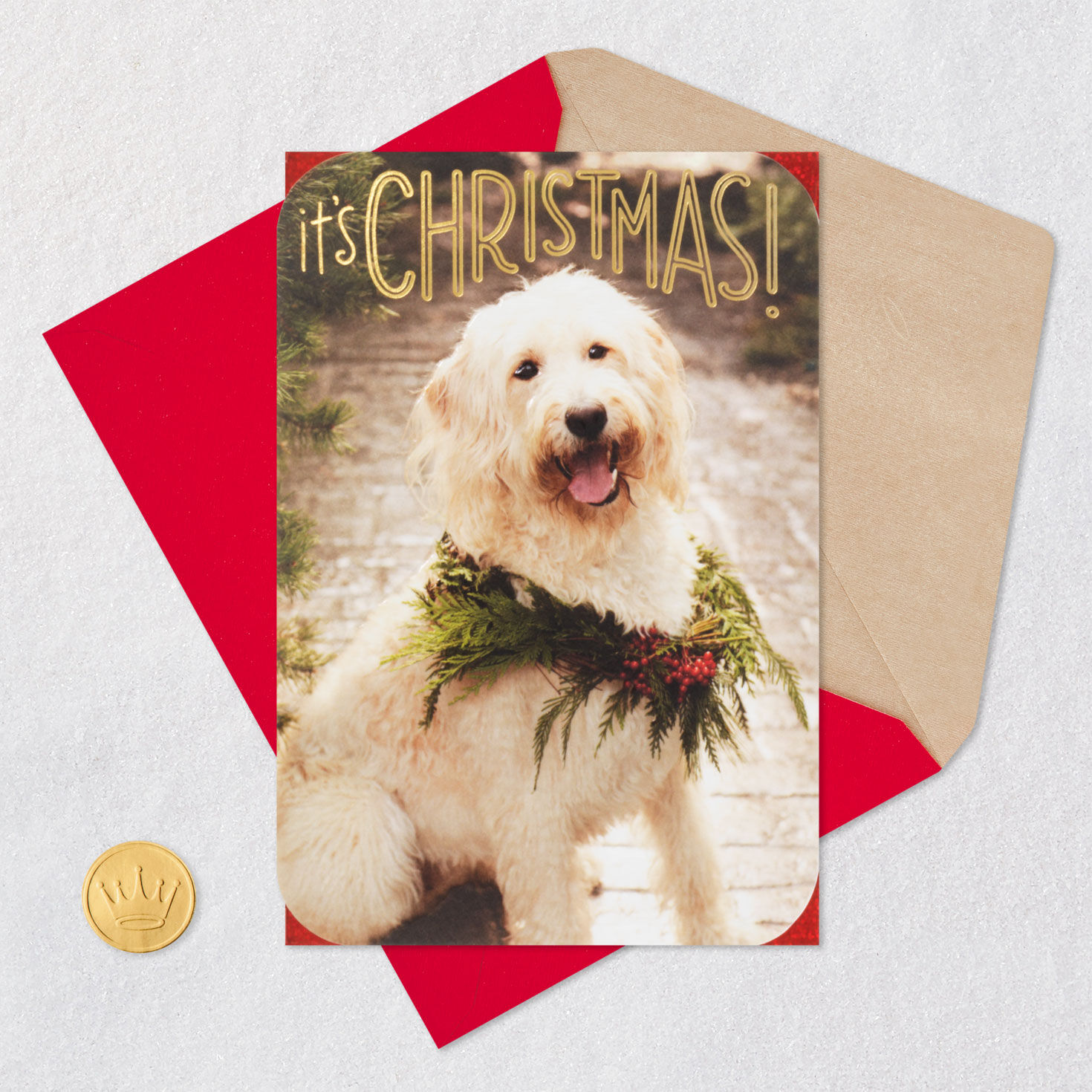 Dog With Wreath Around Neck Christmas Card Card Front with Envelope and Gold Seal image number 5
