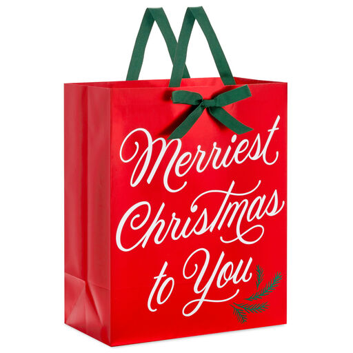 13" Merriest Christmas on Red Metallic Large Christmas Gift Bag, 