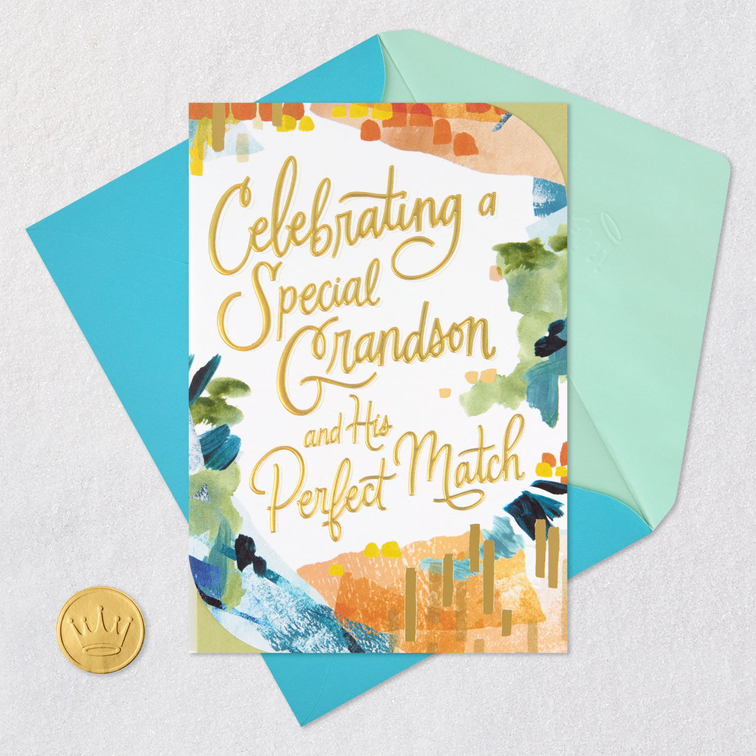 Blue, Green, Orange and Gold Brushstrokes Anniversary Card Card Front with Envelope and Gold Seal image number 5