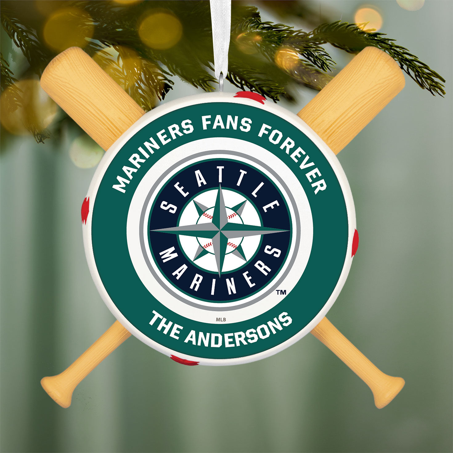 Seattle Mariners Personalized Text Ornament hanging on tree image number 3