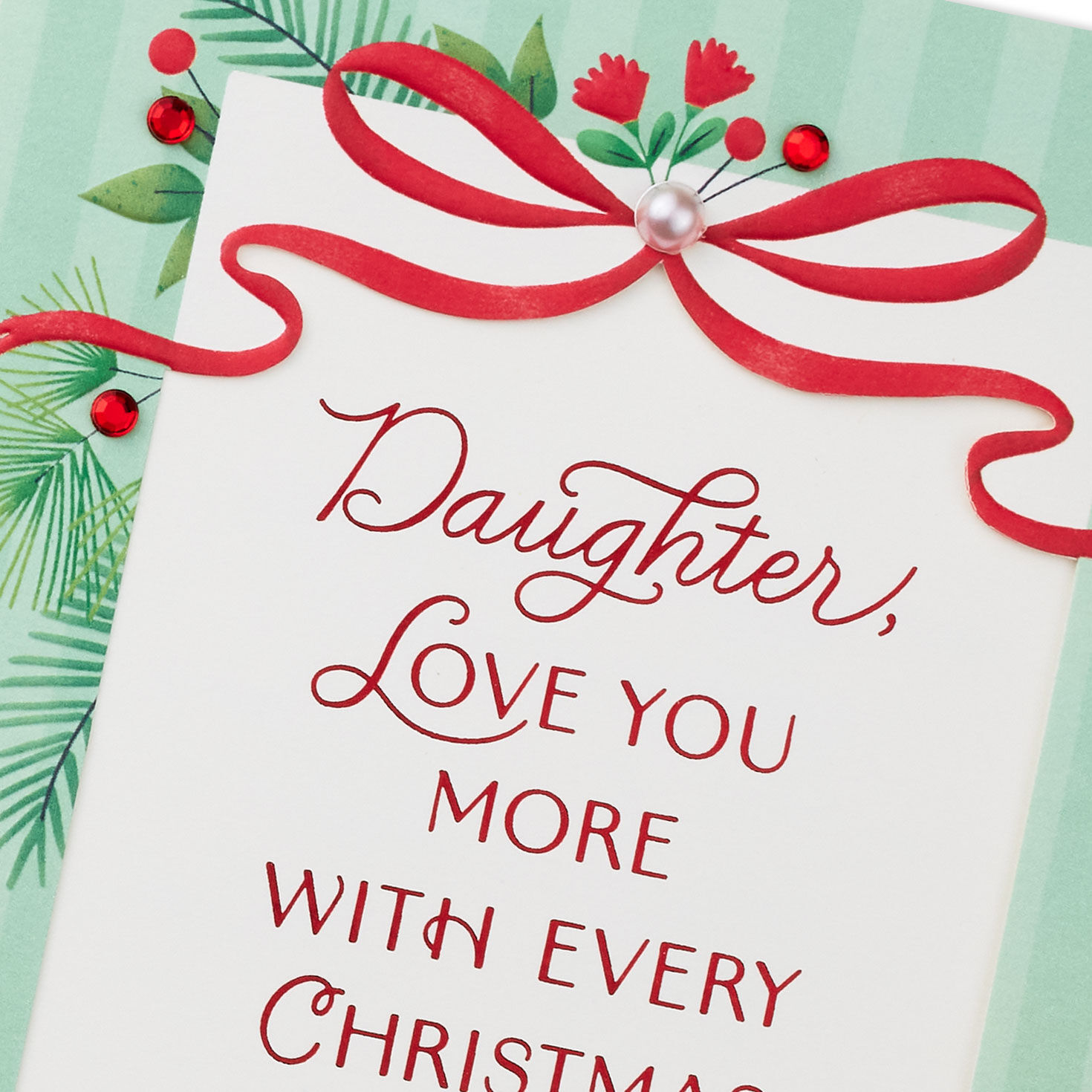 Red Bow on Green Stripes Christmas Card for Daughter Card Front Detail image number 5