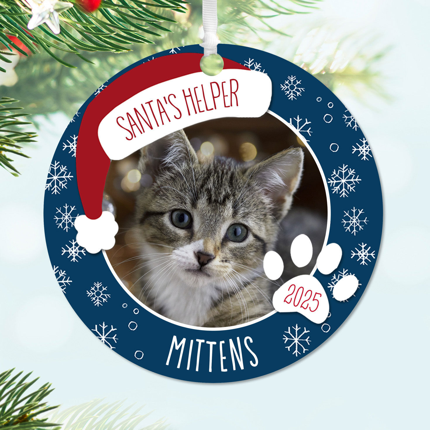 Holiday Pet Round Metal Personalized Ornament, Custom Photo and Text, , large image number 2