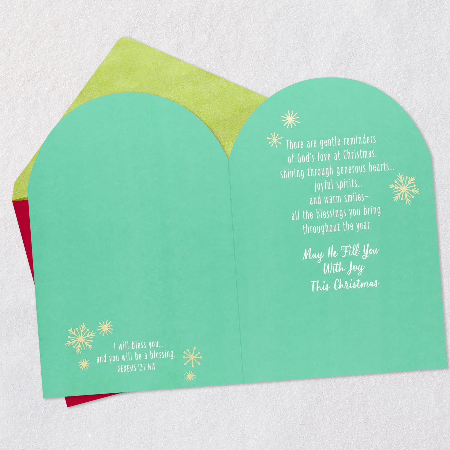 Mittens and Red Present Religious Christmas Card Open card with envelope image number 4