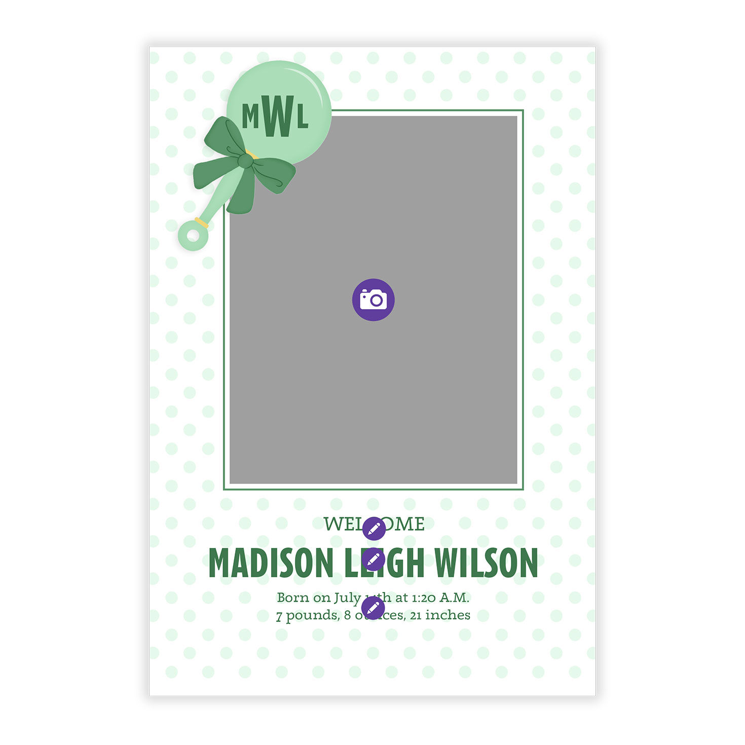 Green Rattle and Dots Personalized Baby Announcement Card Front indicating personalization image number 5