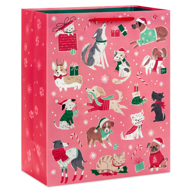 Retro Dogs and Cats on Pink Large Christmas Gift Bag Back image number 6