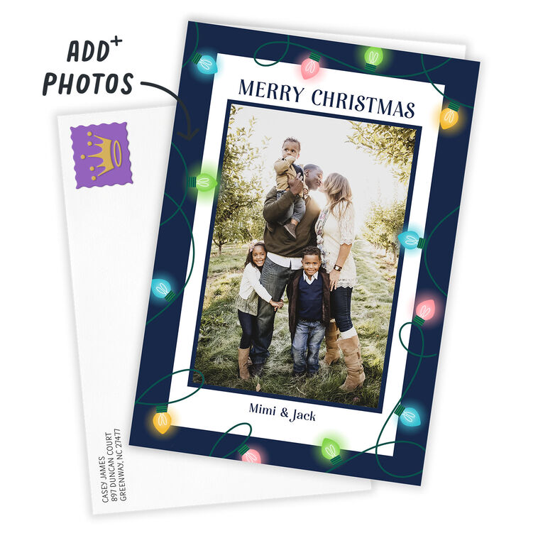 String Lights Blue Frame Personalized Christmas Card Card Front indicating personalization image number 2