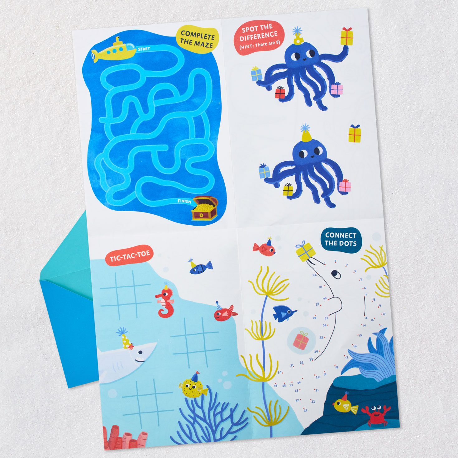 Ocean Animals Kids Coloring Birthday Card Open card with envelope image number 5