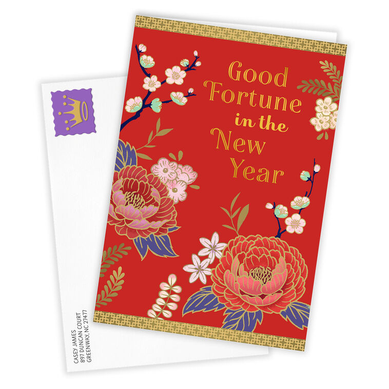 Flowers on Red Personalized Chinese New Year Card Card  front with Envelope  image number 2