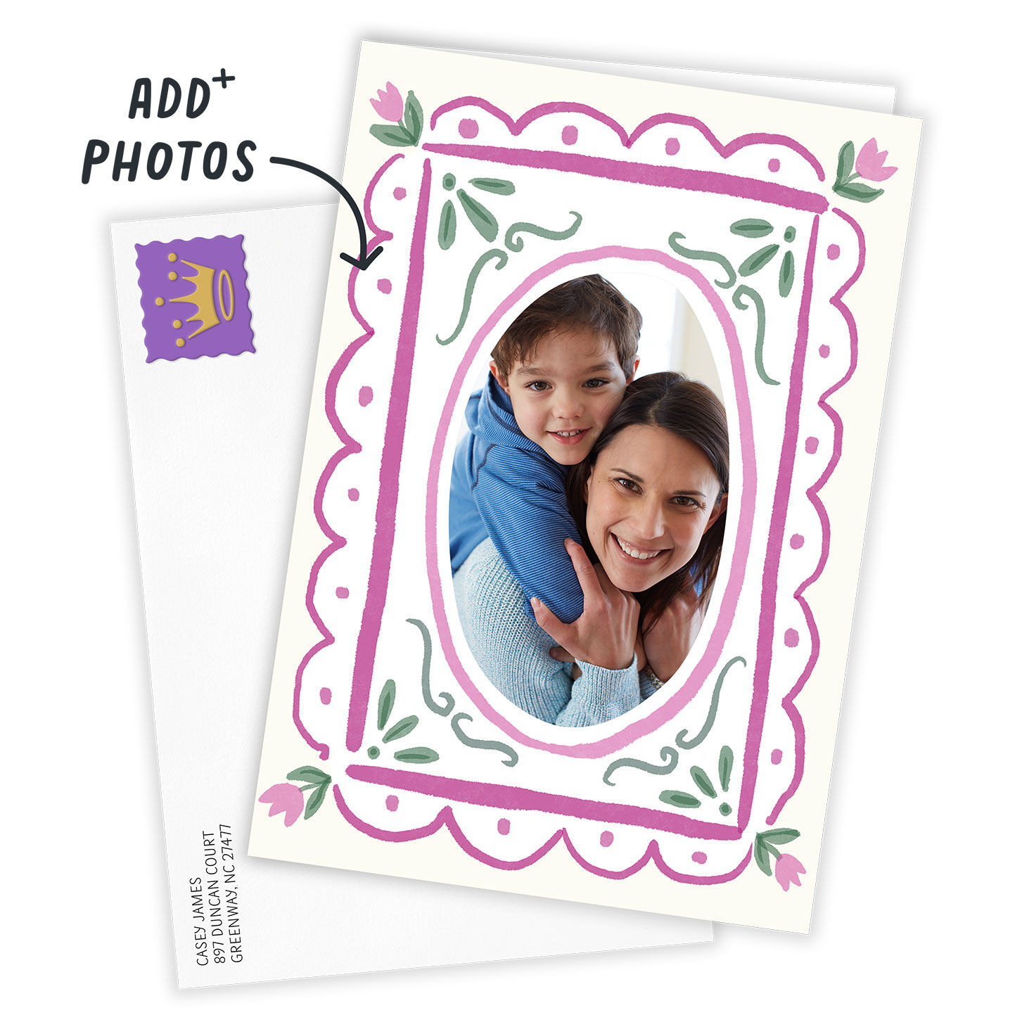 Pink Green Watercolor Frame Personalized Card Card Front indicating personalization image number 2
