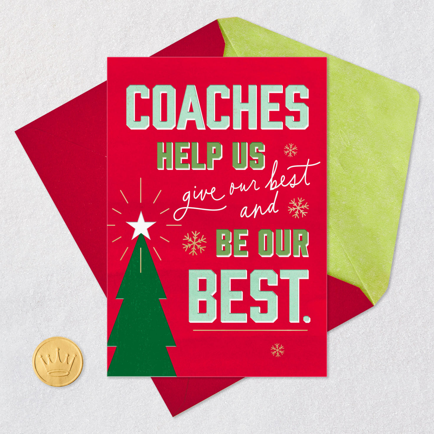 Red Christmas Tree Holiday Card for Coach Card Front with Envelope and Gold Seal image number 5
