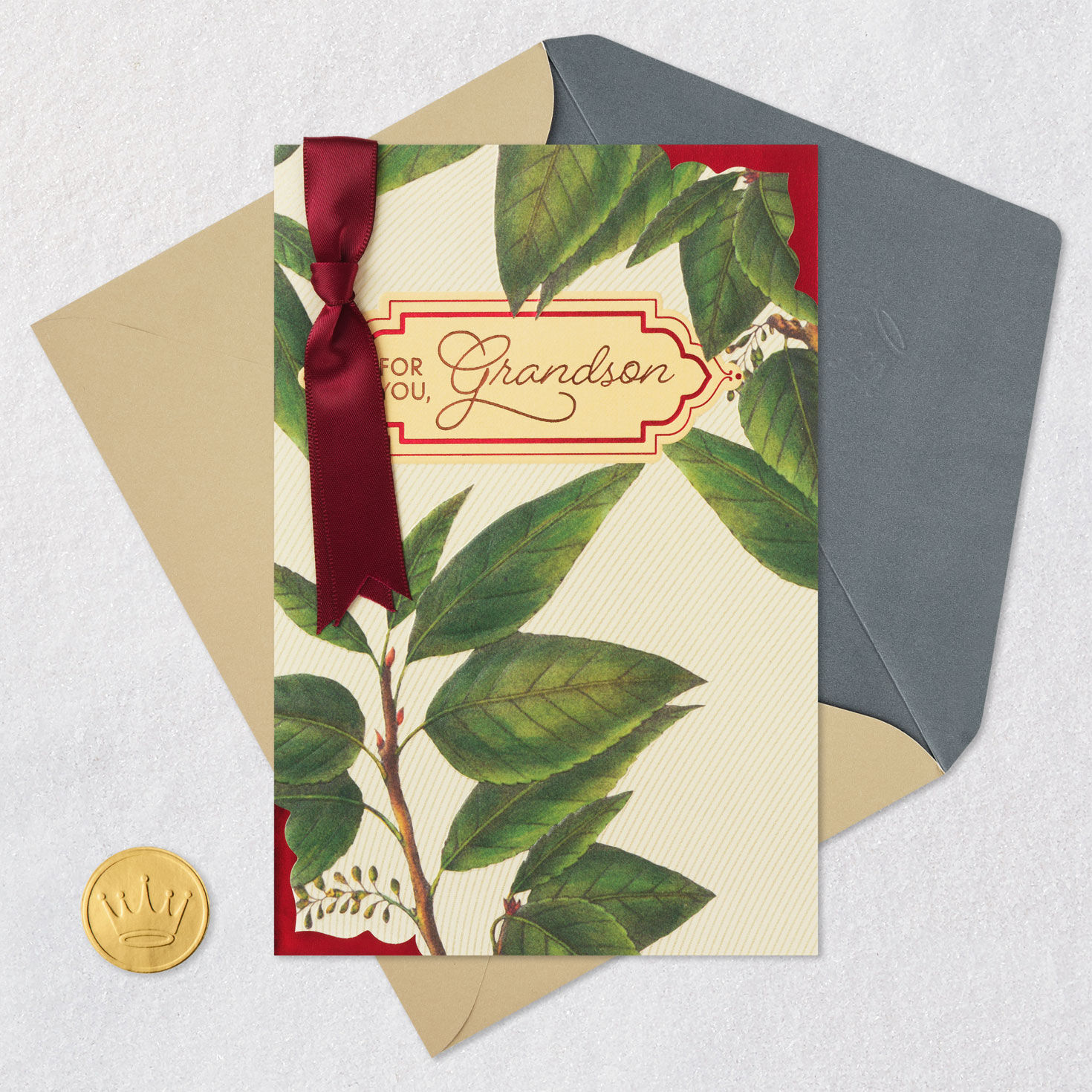 Elegant Leaves Birthday Card for Grandson Card Front with Envelope and Gold Seal image number 6