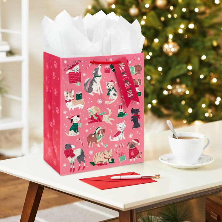 Retro Dogs and Cats on Pink Large Christmas Gift Bag In Use image number 2