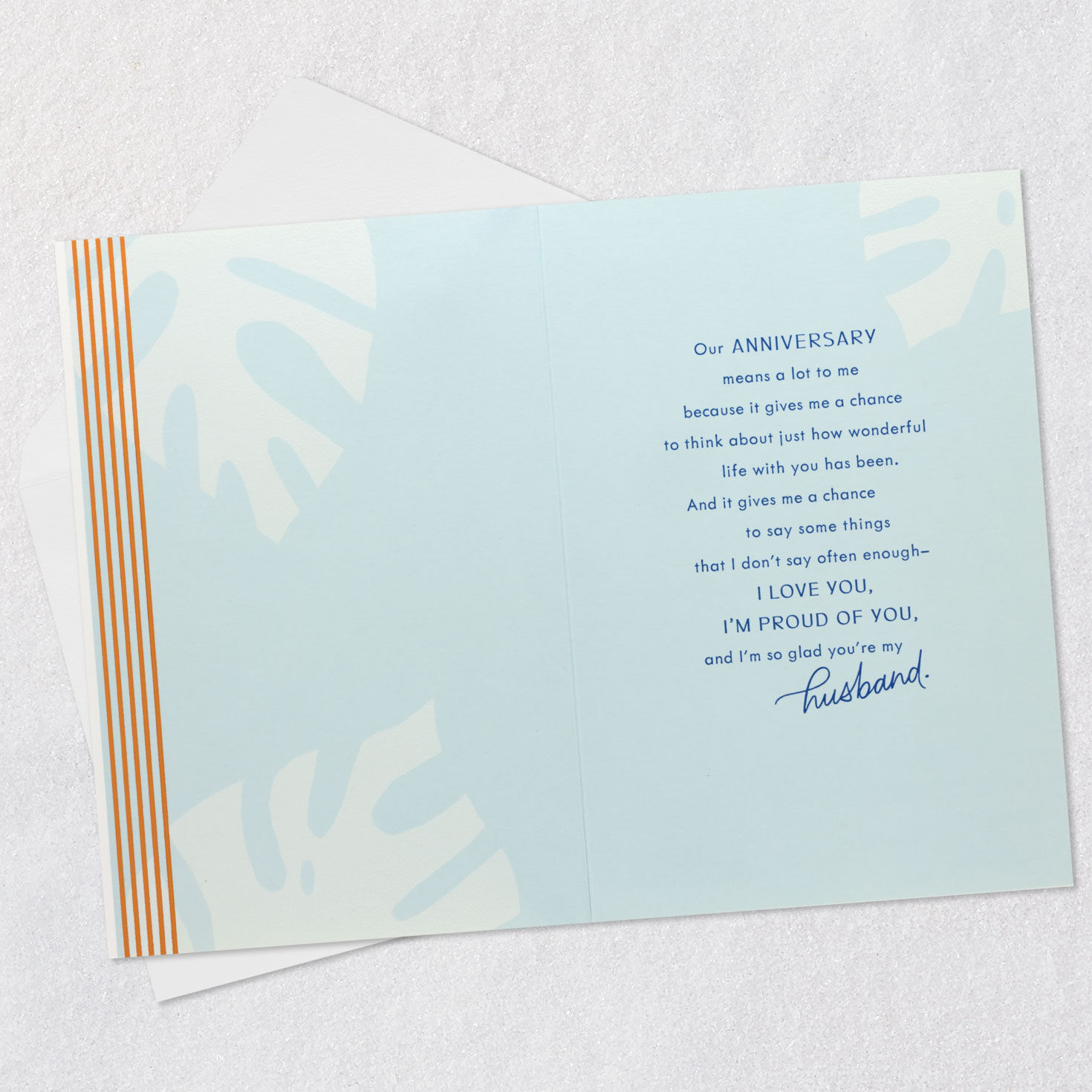 Blue Monstera Leaf Husband Anniversary Card Open card with envelope image number 3