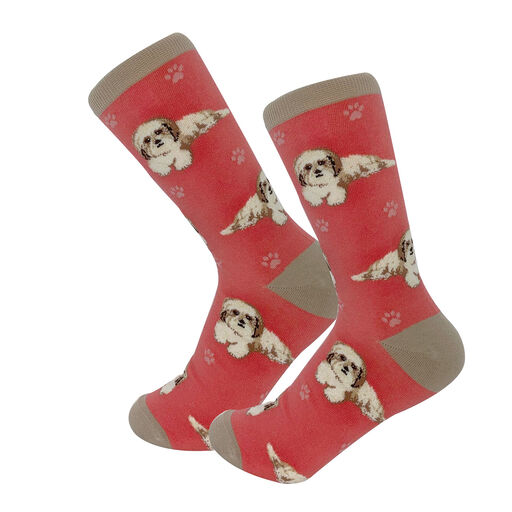 E&S Pets Tan and White Shih Tzu Novelty Crew Socks, 