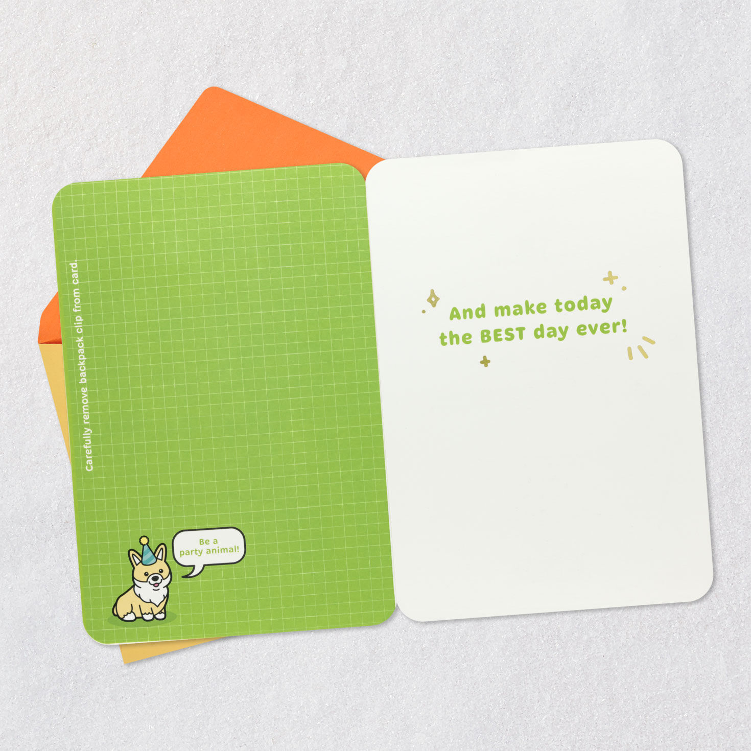 Kids Birthday Card With Corgi Dog Backpack Clip Open card with envelope image number 3