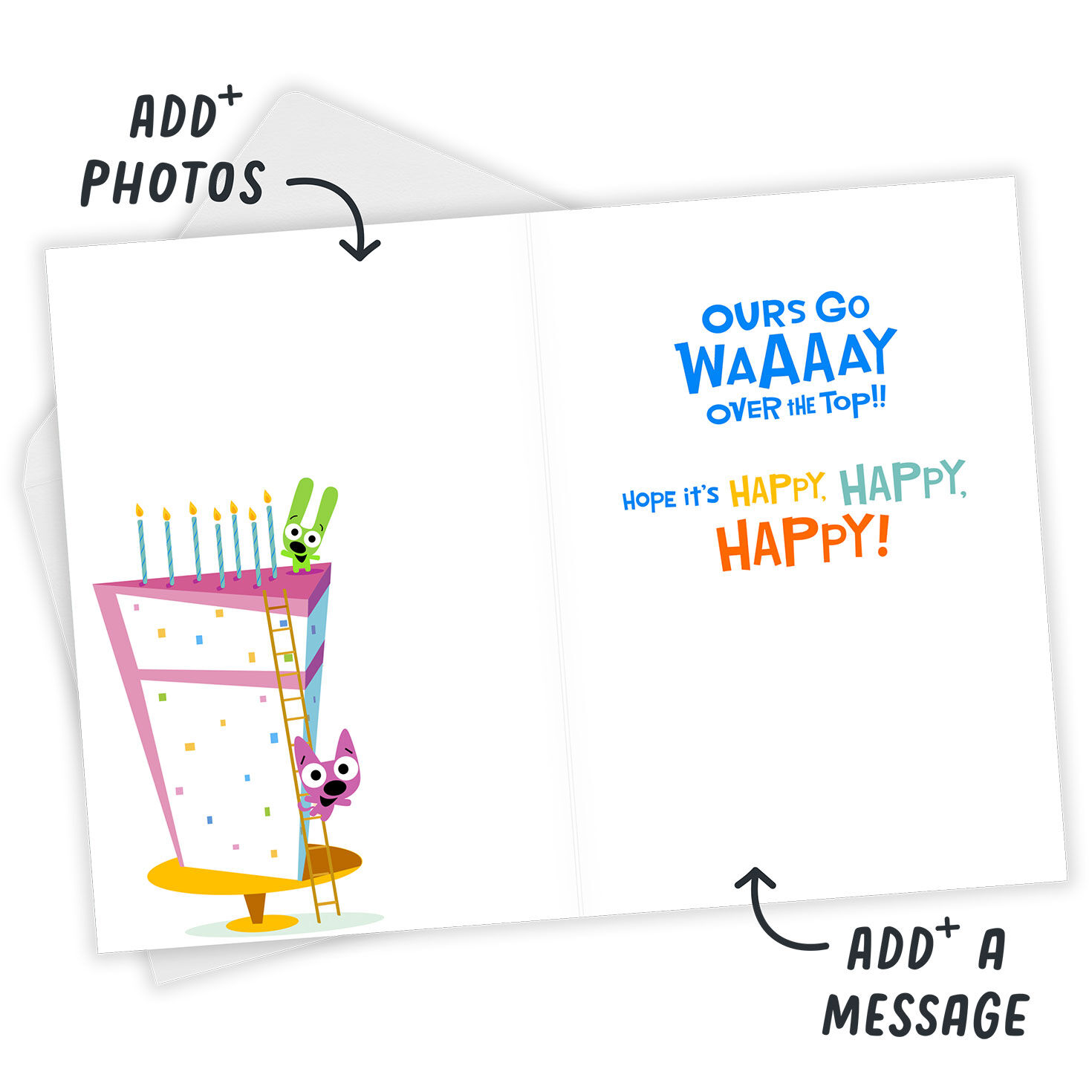 Hoops & Yoyo on Cake Personalized Birthday Card Open Card with Envelope indicating personalization image number 3