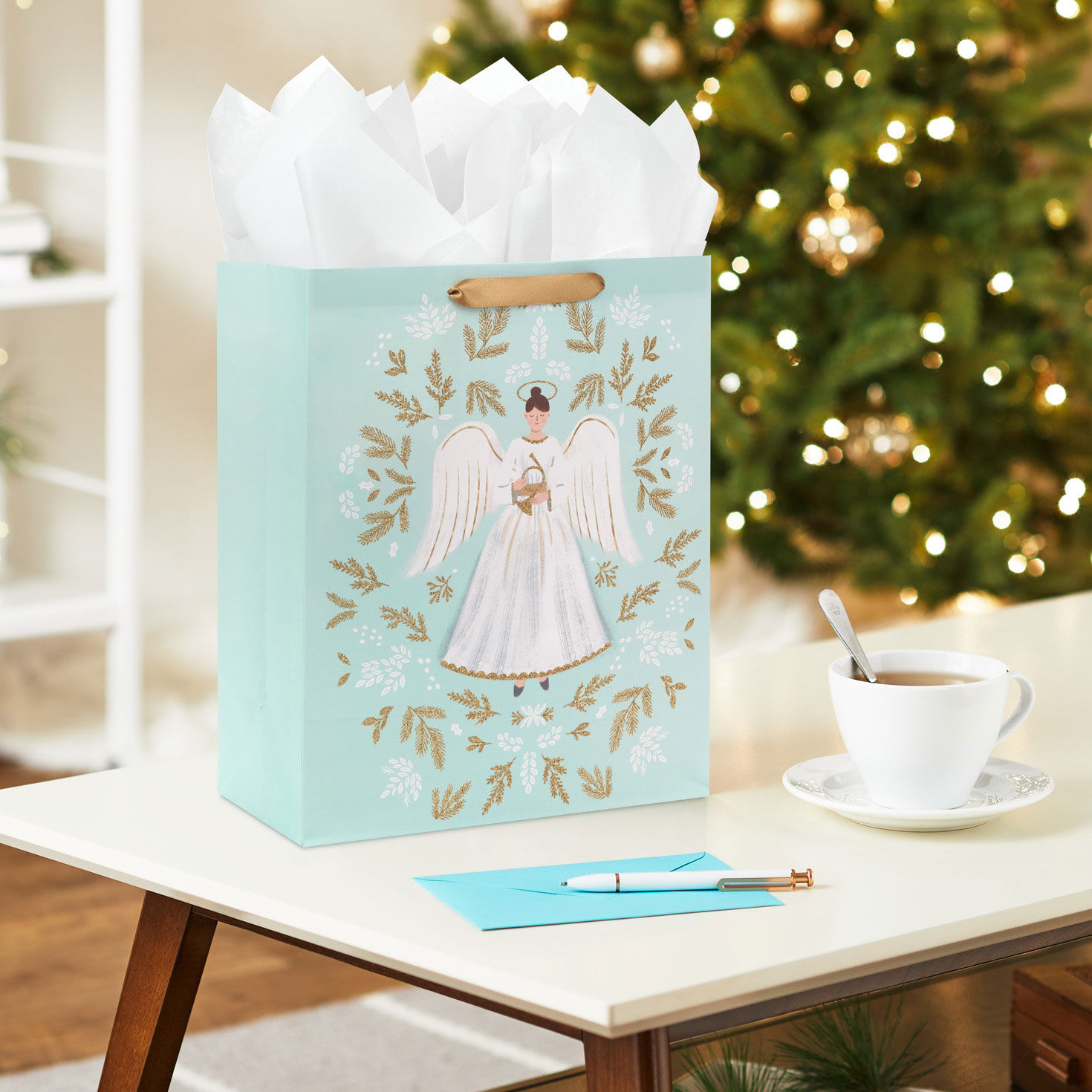 Angel Illustration on Blue Large Christmas Gift Bag In Use image number 2