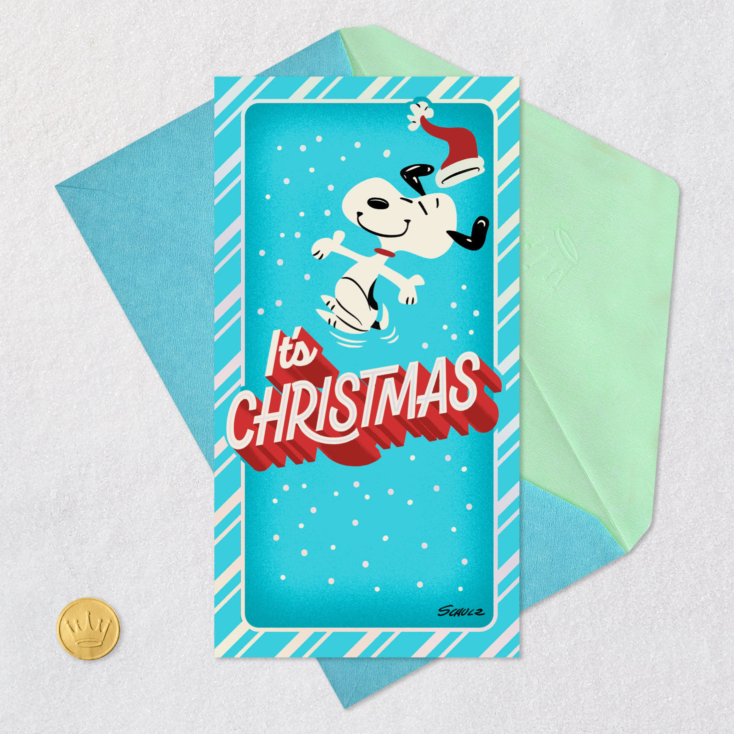 Dancing Snoopy on Blue Money Holder Christmas Card Card Front with Envelope and Gold Seal image number 6