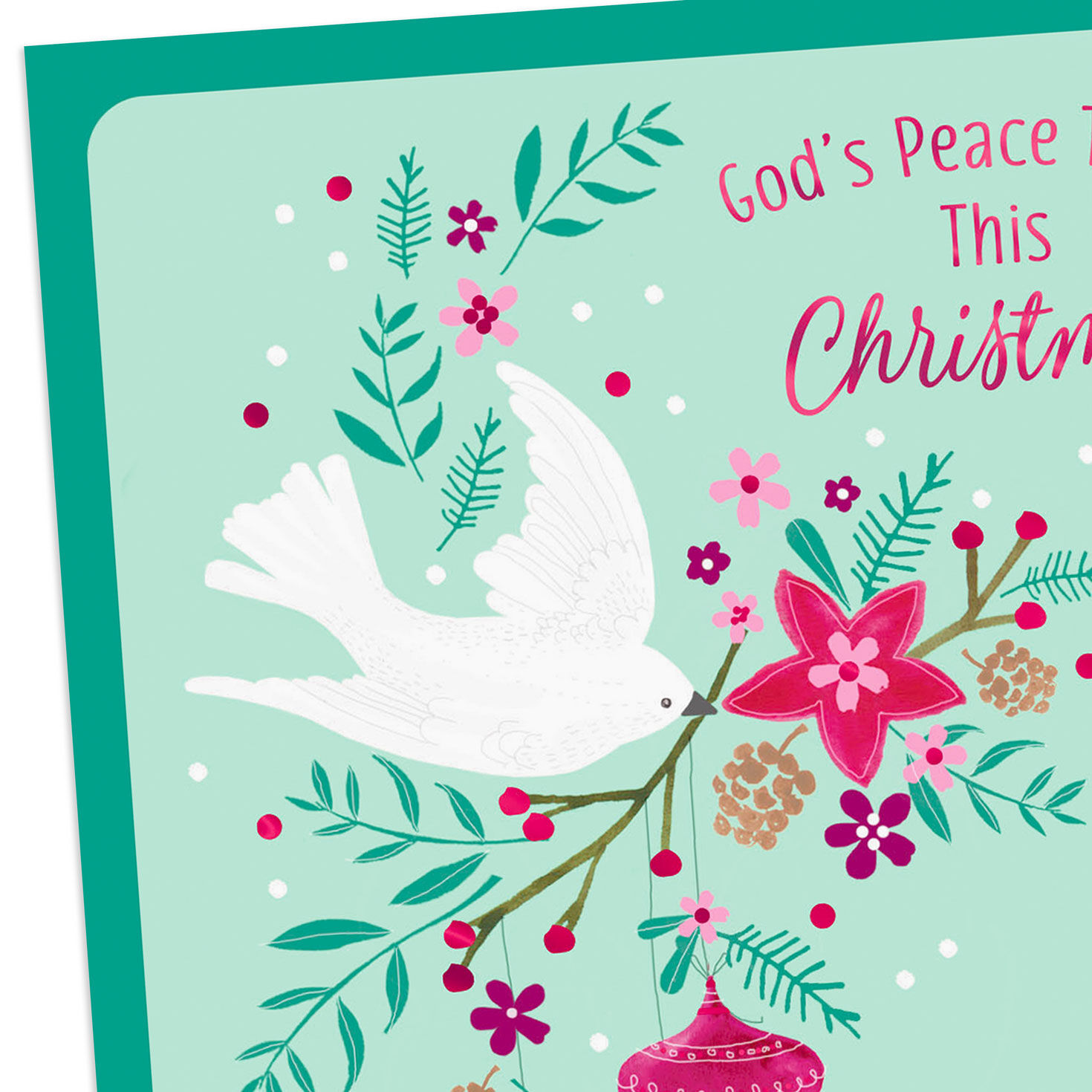 Dove with Pink Ornaments on Green Religious Christmas Card Card Cover Detail image number 5