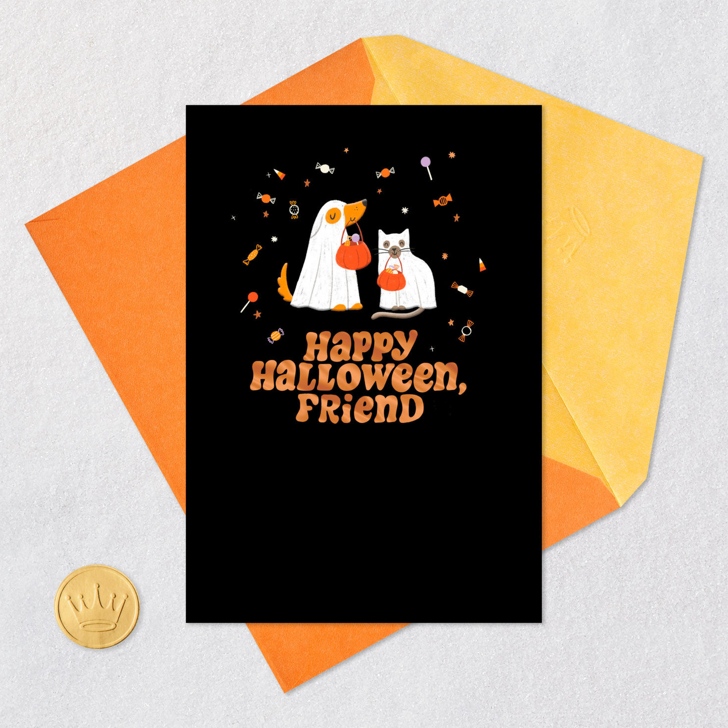 Dog and Cat in Costume Halloween Card for Friend Card Front with Envelope and Gold Seal image number 5