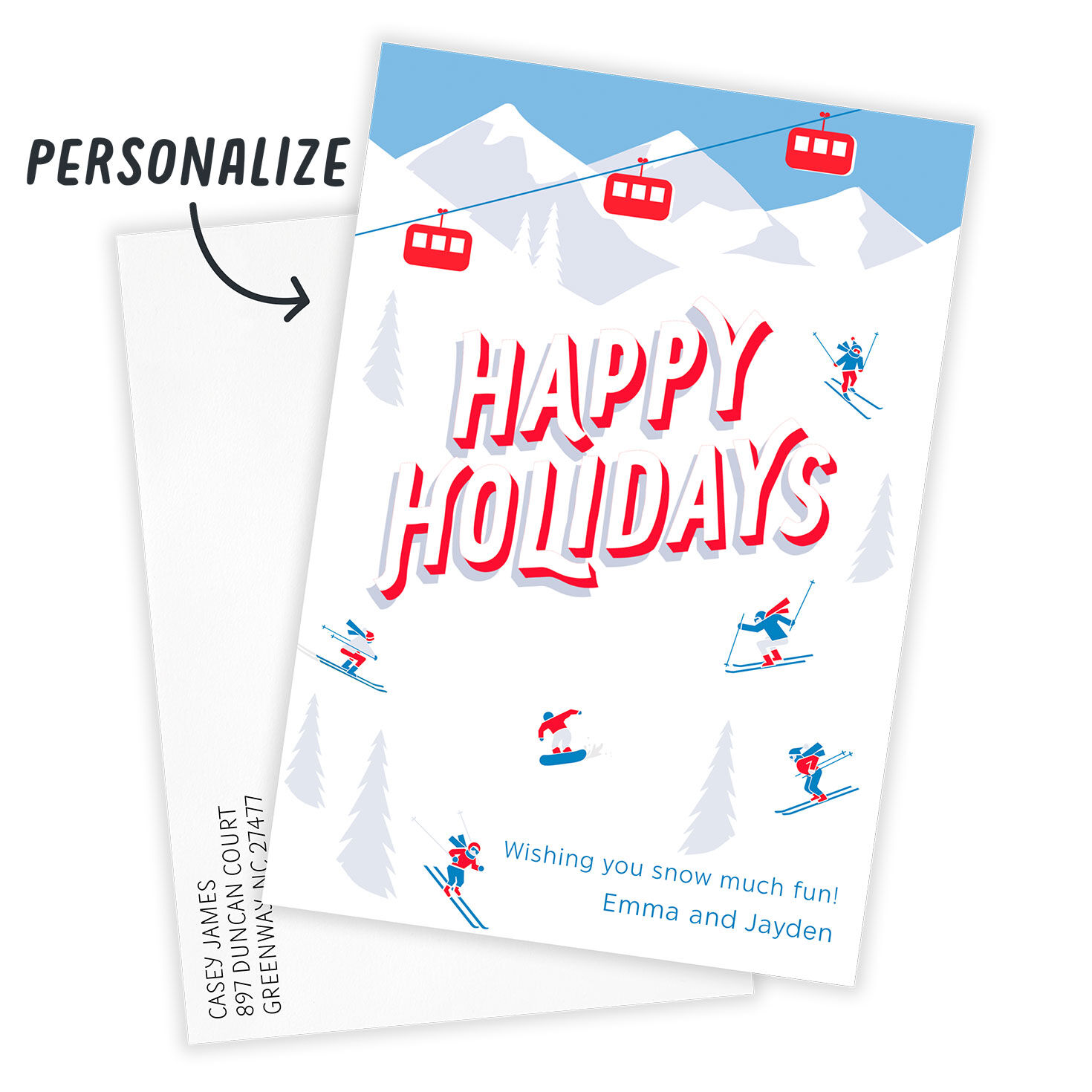 Skiers on Ski Slope Personalized Holiday Photo Card Card Front indicating personalization image number 2