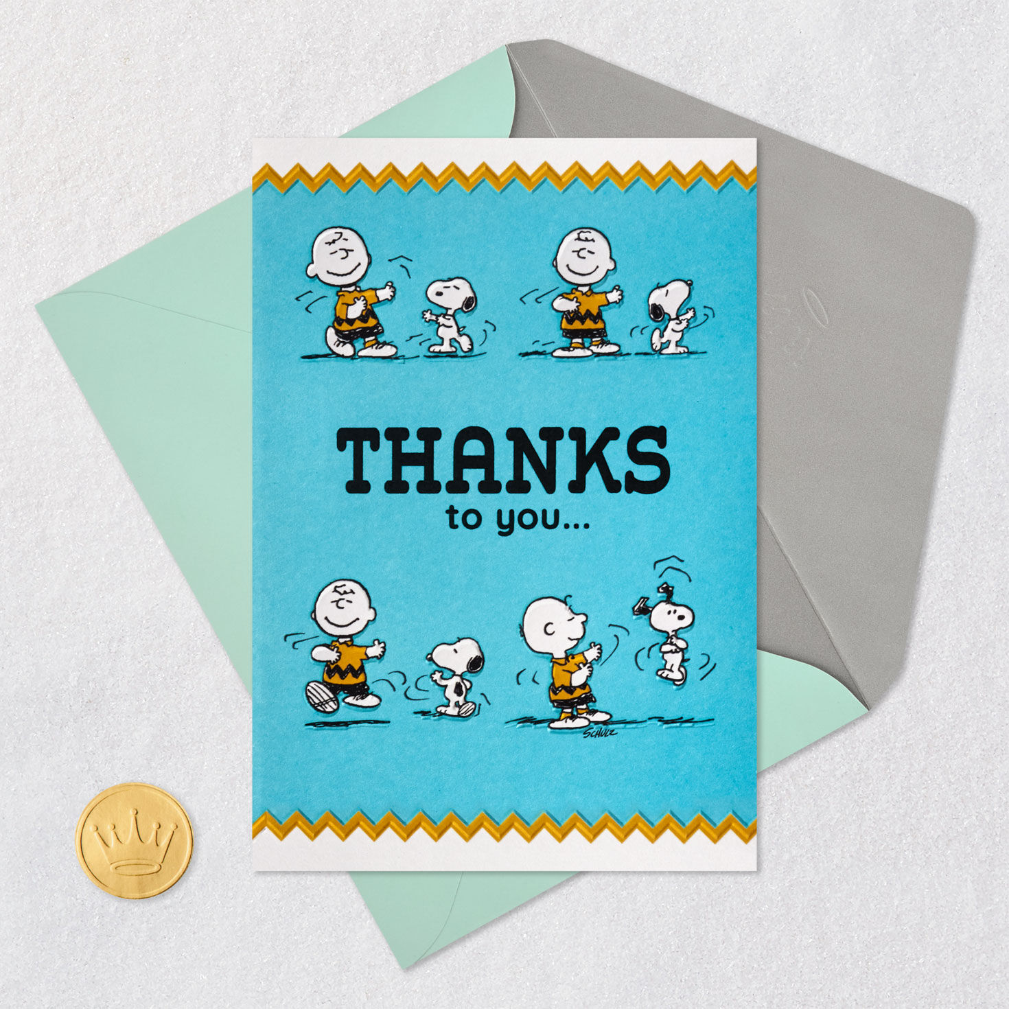 Happy Dance Charlie Brown and Snoopy Thank You Card Card Front with Envelope and Gold Seal image number 5