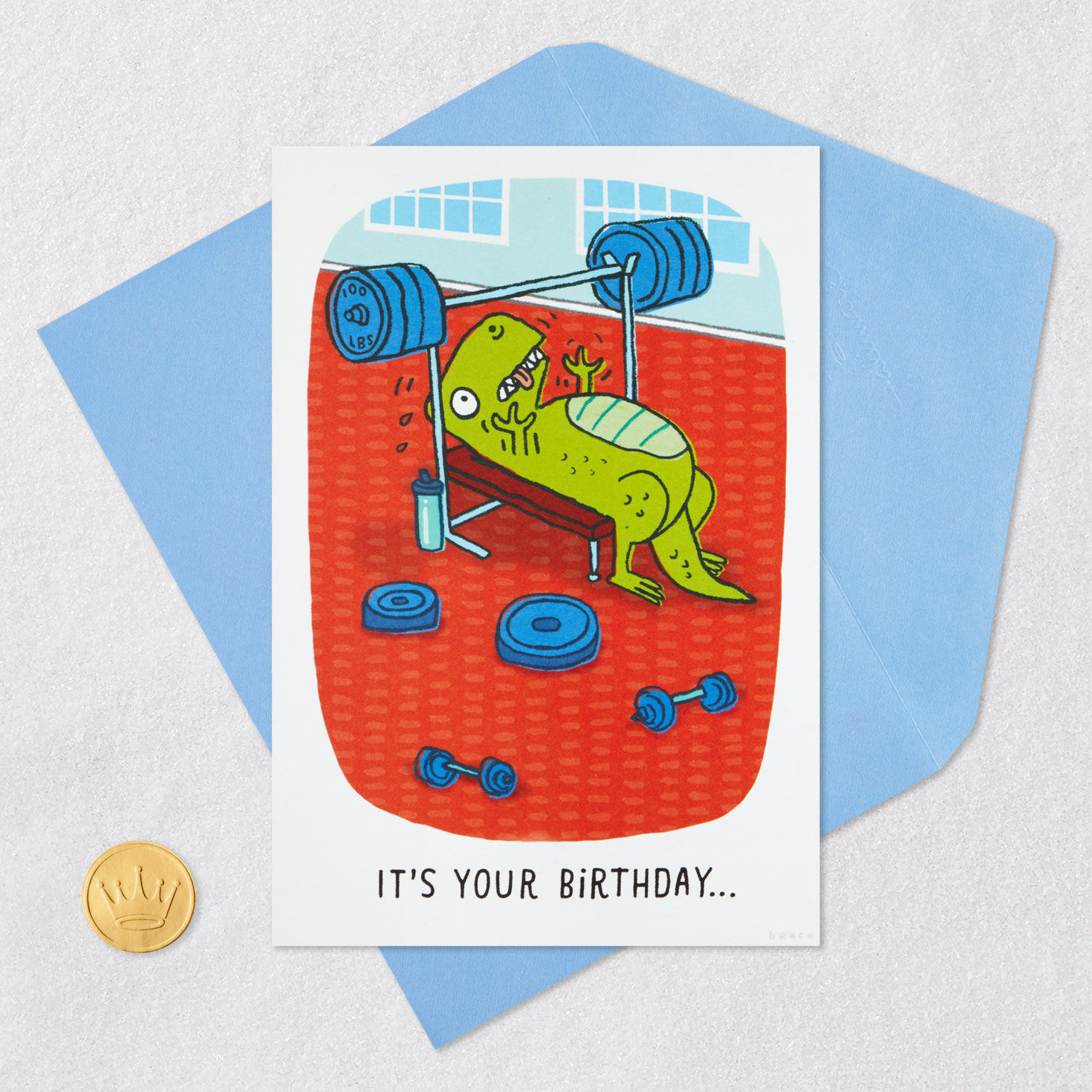 Dinosaur at Gym Funny Birthday Card Card Front with Envelope and Gold Seal image number 5