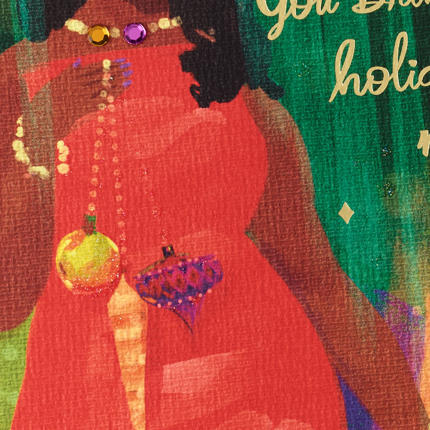 Elegant Black Woman Holding Ornaments Christmas Card for Wife Card Front Detail image number 6