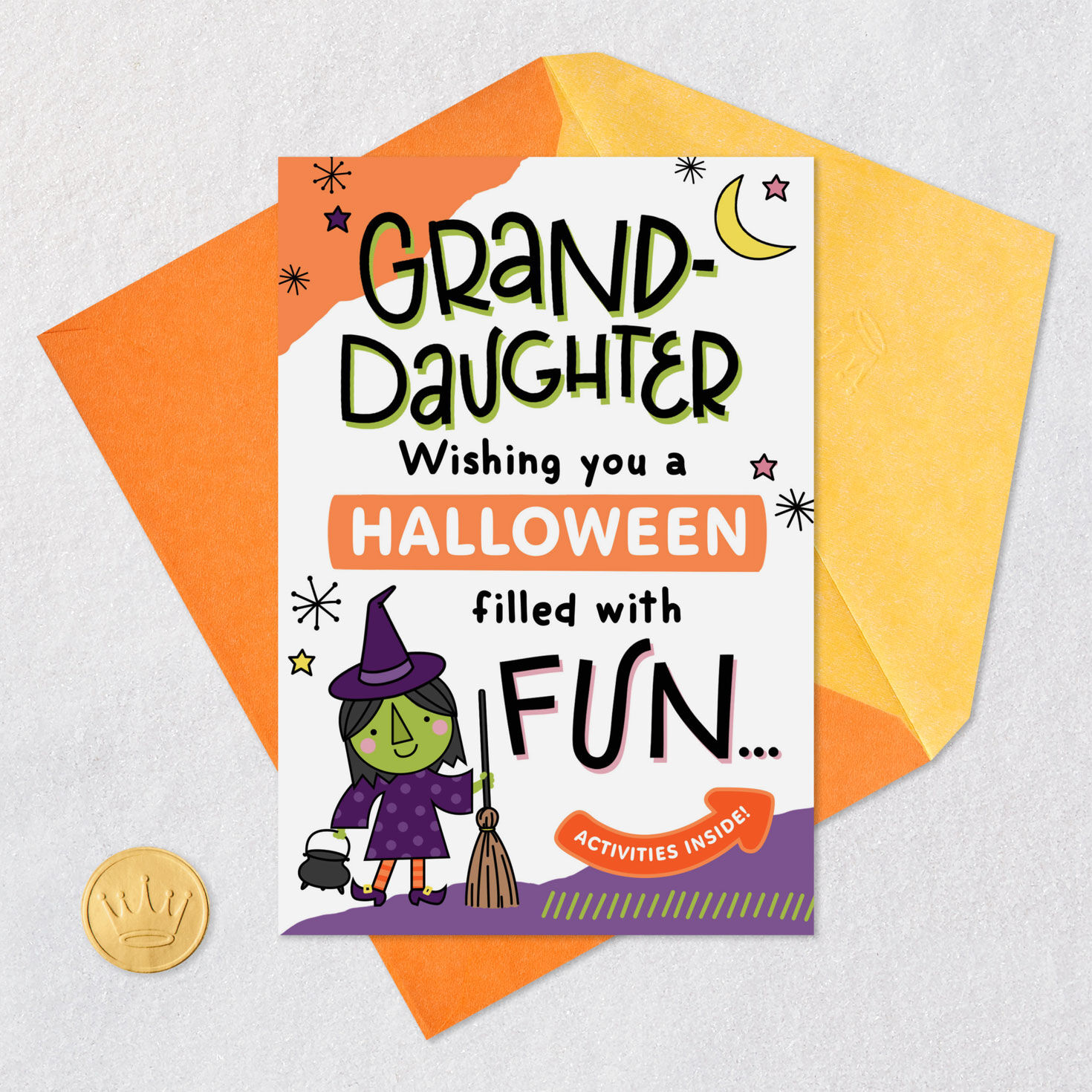 Witch Cartoon Coloring Halloween Card for Granddaughter Card Front with Envelope and Gold Seal image number 6