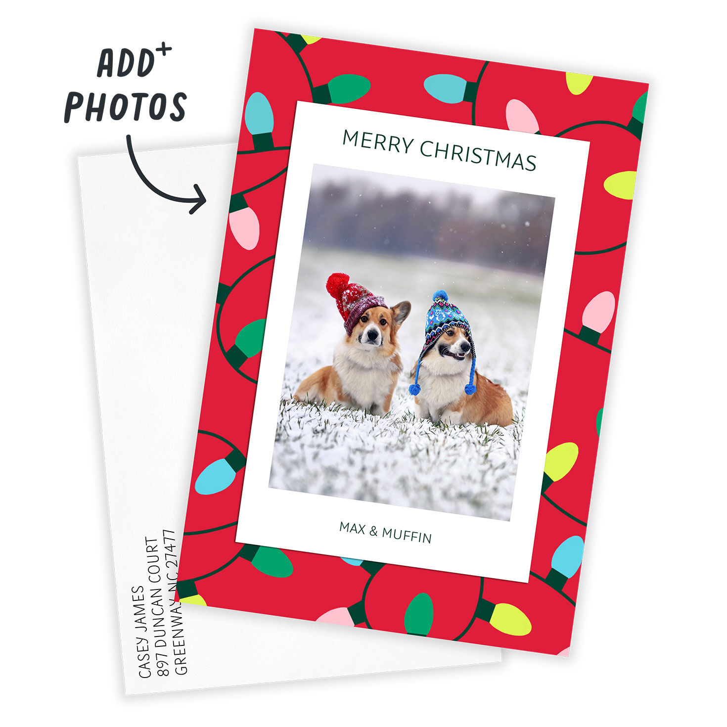 String Lights on Red Personalized Christmas Photo Card Card with Envelope indicating personalization image number 2