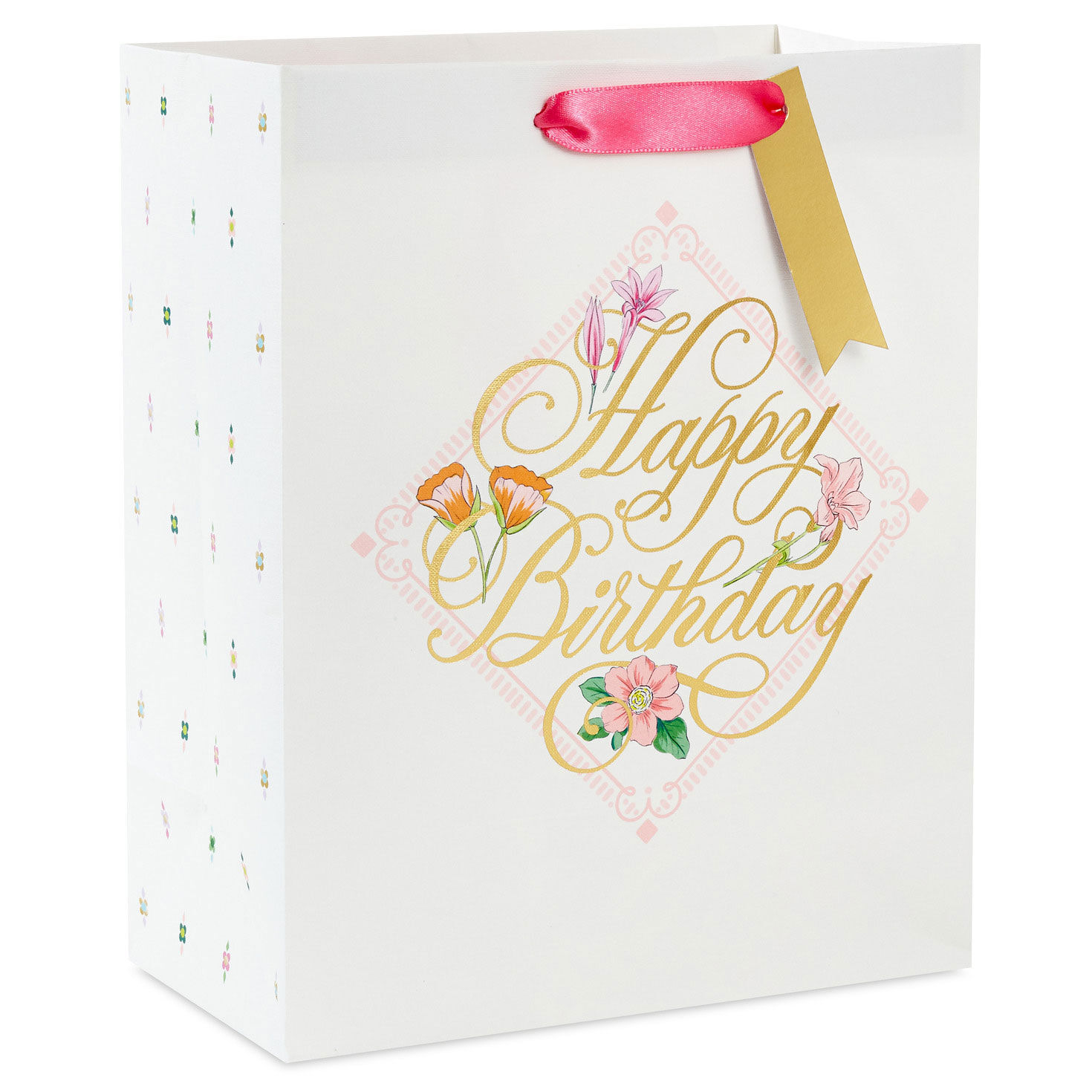 9.6" Gold Script on Floral Medium Birthday Gift Bag