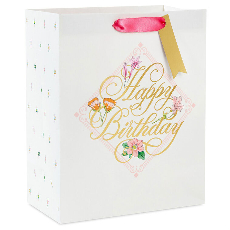9.6" Gold Script on Floral Medium Birthday Gift Bag